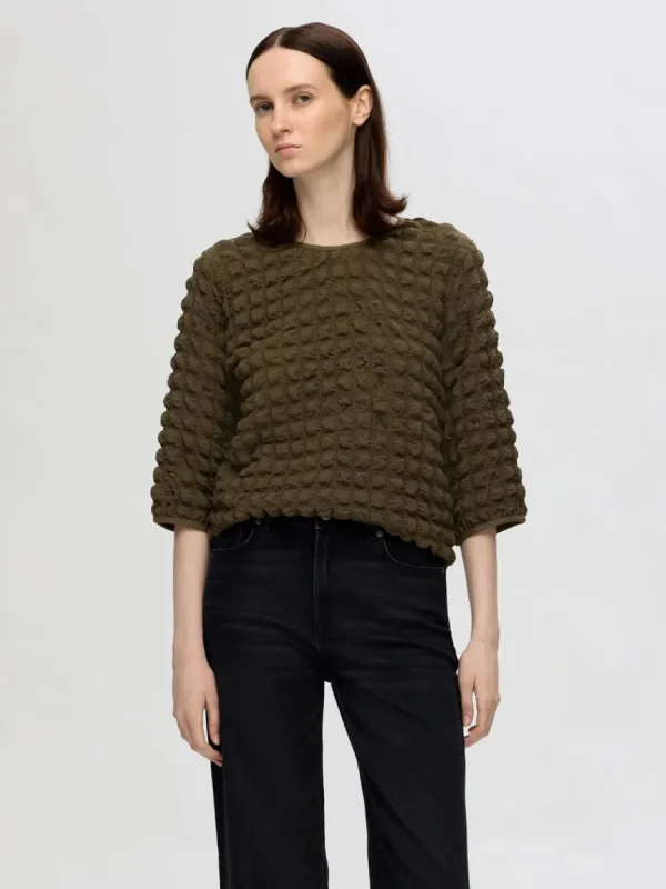 SELECTED TEXTURERAD TOPP MED 3/4-ÄRMAR Green Online