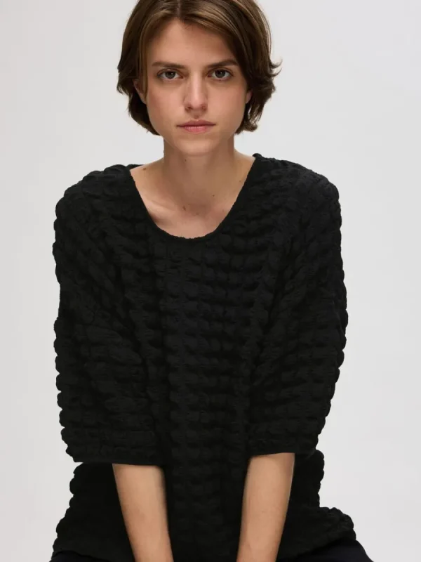 SELECTED TEXTURERAD TOPP MED 3/4-ÄRMAR Black Outlet