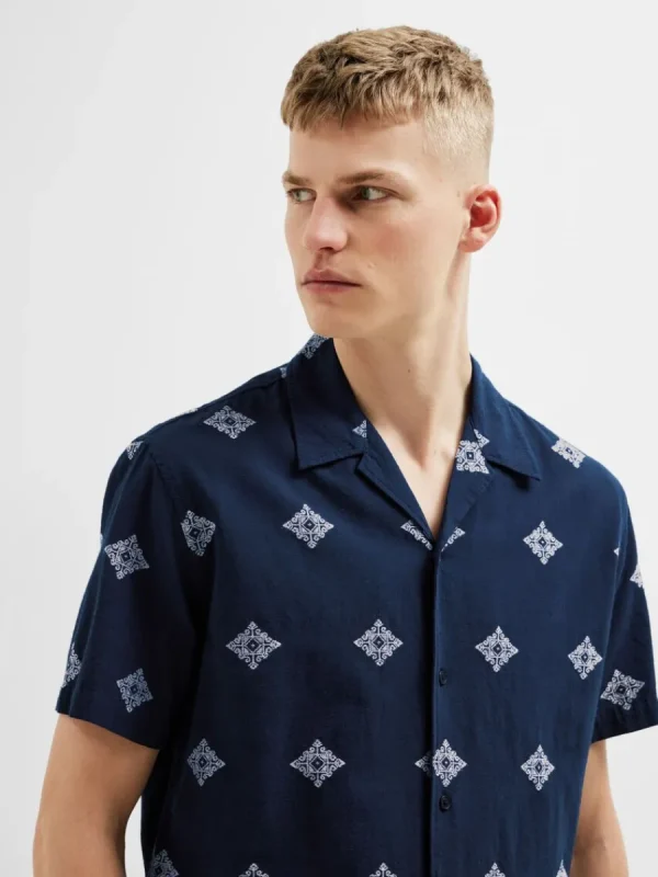 SELECTED TRYCKT BOMULL KORTÄRMAD SKJORTA Blue Best Sale