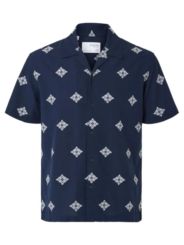 SELECTED TRYCKT BOMULL KORTÄRMAD SKJORTA Blue Best Sale