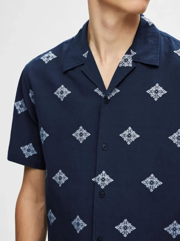 SELECTED TRYCKT BOMULL KORTÄRMAD SKJORTA Blue Best Sale