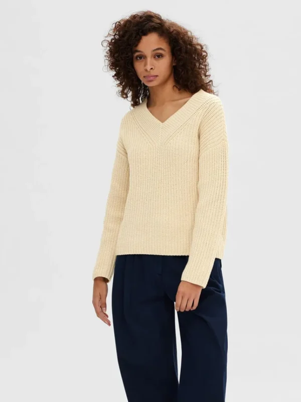 SELECTED V-RINGNING STICKAD TRÖJA Beige Cheap